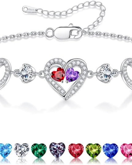 Iefil Valentines Day Gifts for Her - 925 Sterling Silver Heart Birthstone Bracelet Birthday Anniversary Jewelry Gifts for Her Wife