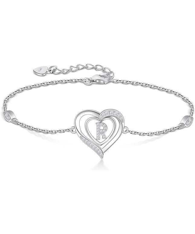 RIVIKO Heart Initial Bracelets for Women,925 Sterling Silver Letter Bracelets, Personalized Charm Alphabet Jewelry Valentines Christmas Mother’s Day Birthday Gifts for Women Friend Her Mom Wife Lady
