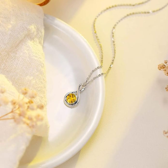 FANCIME 14K Solid Gold Birthstone Pendant with Sterling Silver Chain Infinity Gemstone Necklace Fine Jewelry Anniversary Birthday Christmas Gifts for Women Wife Her