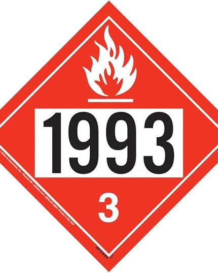 1993 Placard, Class 3 Flammable Liquid 10-pk. - 10.75" x 10.75" Removable Self Adhesive Vinyl for Temporary Applications - Complies with DOT Hazmat Placard Requirements