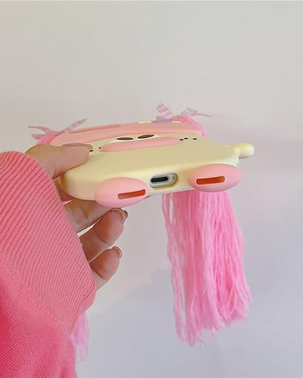 Case Compatible with iPhone 12/12 Pro,Cute 3D Kawaii Funny Braided Sausage Mouth Girl Pink Cartoon Cover with Keychain Soft Silicone Gel Drop Protector Women Girls