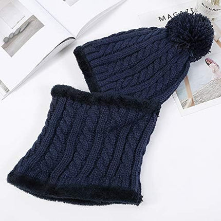 HUAMULAN Women Winter Beanie Hats One Piece Fleece Lined Knit Balaclavas Mask Set Skull Neck Circle Scarf Ski Snow Hat Pompom