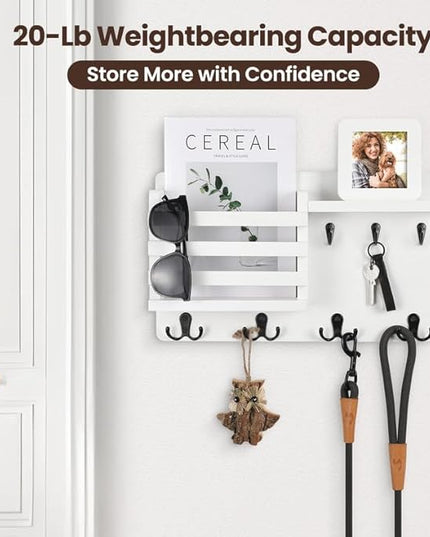 Nekon Mail Holder for Wall Mail Organizer with Key Hooks Hallway Farmhouse Decor Storage Racks with Floating Shelf and Flush Mount Hardware (16.8Inch x 10Inch x 3.2Inch)