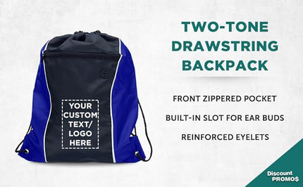 DISCOUNT PROMOS Two-Tone Drawstring Backpack Non-Woven Set of 1 - Customizable Text, Logo, Picture - Durable Sports Backpacks - Ideal for Sports, Travel, Gym & More - Blue