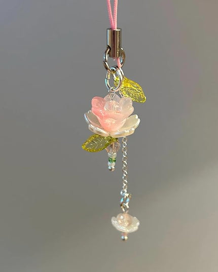 Agromusk Pink Flower Phone Charms,Cute Beaded Lotus Flower Phone Strap Handmade Decor for Women Y2K Accessories Keychain Bag Pendant Gift