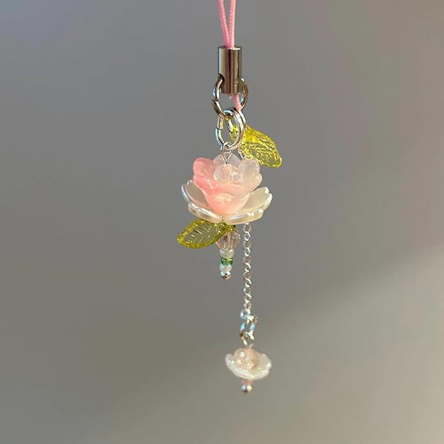 Agromusk Pink Flower Phone Charms,Cute Beaded Lotus Flower Phone Strap Handmade Decor for Women Y2K Accessories Keychain Bag Pendant Gift
