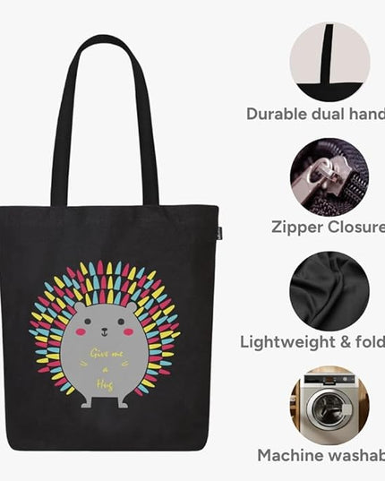 Ecoright Tote Bag for Women with Zipper, Small Tote Bag, Canvas Bag, Reusable Cotton Bag for Beach, Grocery, School & Work
