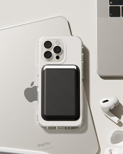 Sinjimoru Magnetic Card Wallet, Premium Vegan Leather Phone Wallet for MagSafe 3-Card Holder Compatible with iPhone 17 Pro Max Air 16 15 14 13 Series. M-Viica Basic Carbon Black