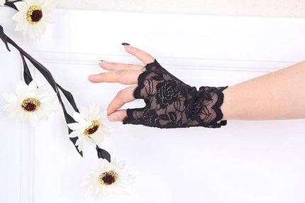 Women's Short Lace Gloves Fingerless for Driving Wedding Wrist Length Bridal Prom Gloves