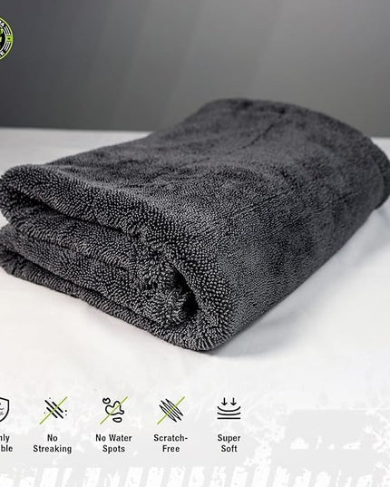 ExoForma Mega Car Drying Towel - Holds Up to 9 lbs, No Streaks, Scratches, or Water Spots | 1200 GSM Microfiber Double Twist Pile & Edgeless Design, 1 Quick & Effortless Dry - 24” x 36”