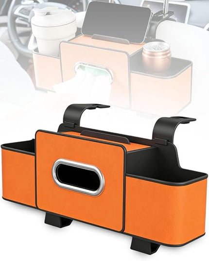 Multifunctional Car Seat Back Storage Box, 2026 New Seat Back Bag, Car Seat Tissue Box and Storage Box with 2 Cup Holders, Universal Back Seat Car Organizer for Organizer (Orange)