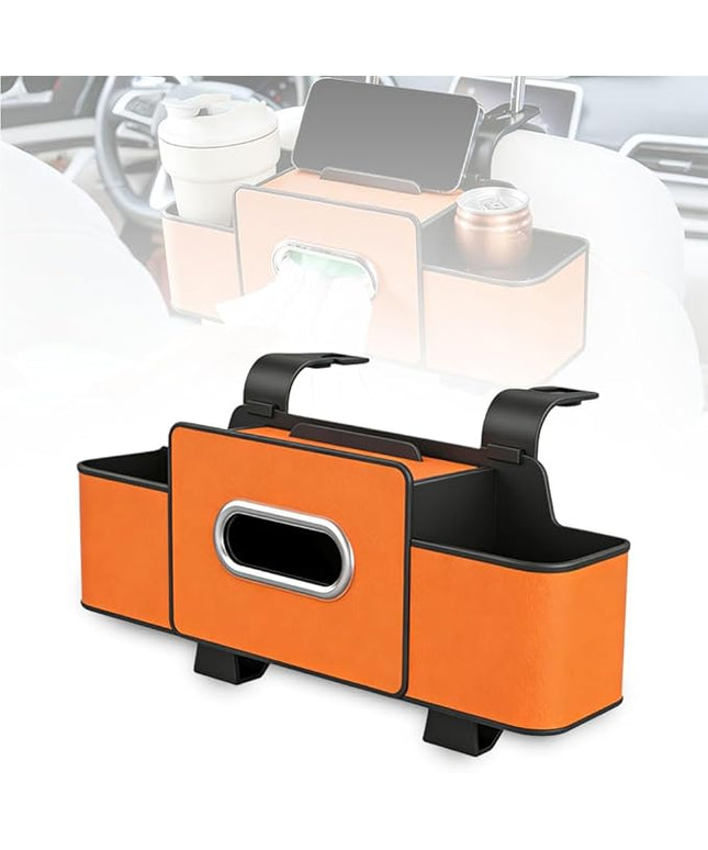 Multifunctional Car Seat Back Storage Box, 2026 New Seat Back Bag, Car Seat Tissue Box and Storage Box with 2 Cup Holders, Universal Back Seat Car Organizer for Organizer (Orange)