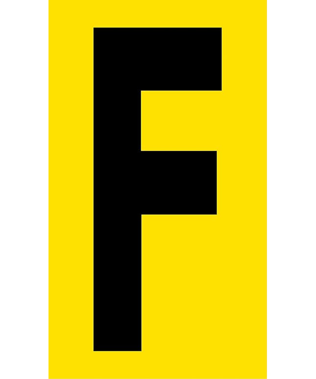 Mighty Line F Letter Alphabet Die Cut Location Markers, Large Decal Stickers for Pallet and Machinery Marking, Heavy-Duty, Peel and Stick Adhesive, Industrial Quality, 6"x10", Pack of 10, Yellow