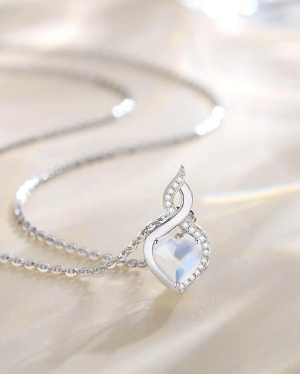 FANCIME 14K Solid White Gold Heart Birthstone Necklace with Diamond Pendent Birthday Gifts for Mom Women, Sterling Silver Chain 16" + 2" Extender