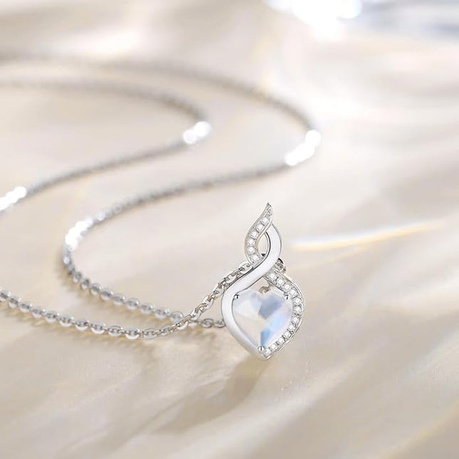 FANCIME 14K Solid White Gold Heart Birthstone Necklace with Diamond Pendent Birthday Gifts for Mom Women, Sterling Silver Chain 16" + 2" Extender