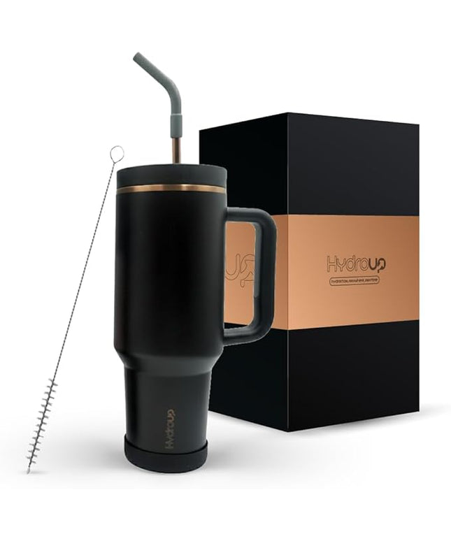 40oz Travel Tumbler Cup with Handle, Two-Way Slider Lid, Stainless Steel Straw with Silicone Tip, Vacuum Insulated Water Bottle for Hot & Cold Drinks, Great Gifts for Mom (Black Gold)