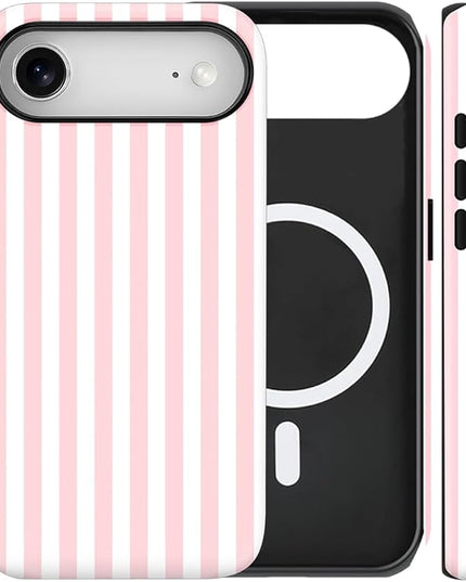 Magnetic for iPhone 17 Air Case Cute Stripes Phone Case, Shockproof Slim TPU and Hard PC Protective Phone Cover Compatible with MagSafe Designed for Women Girls, Pink and White