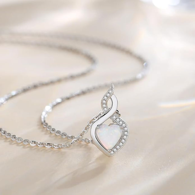 FANCIME 14K Solid White Gold Heart Birthstone Necklace with Diamond Pendent Birthday Gifts for Mom Women, Sterling Silver Chain 16" + 2" Extender