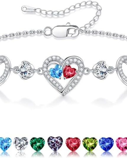 Iefil Valentines Day Gifts for Her - 925 Sterling Silver Heart Birthstone Bracelet Birthday Anniversary Jewelry Gifts for Her Wife