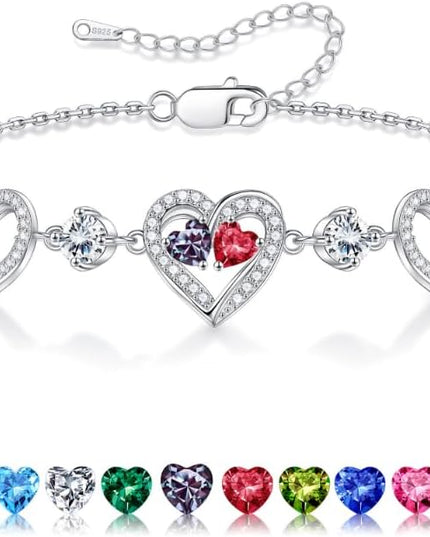 Iefil Valentines Day Gifts for Her - 925 Sterling Silver Heart Birthstone Bracelet Birthday Anniversary Jewelry Gifts for Her Wife