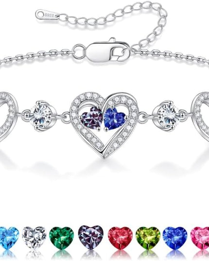 Iefil Valentines Day Gifts for Her - 925 Sterling Silver Heart Birthstone Bracelet Birthday Anniversary Jewelry Gifts for Her Wife
