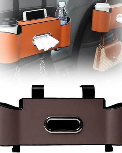 3-in-1 Car Backseat Organizer, 2026 New Multifunctional Back Seat Car Organizer with Cup Holder, Tissue Box, Trash Bin & Hooks for Hold Phones, Snacks, Drinks, Handbags (1, Brown)