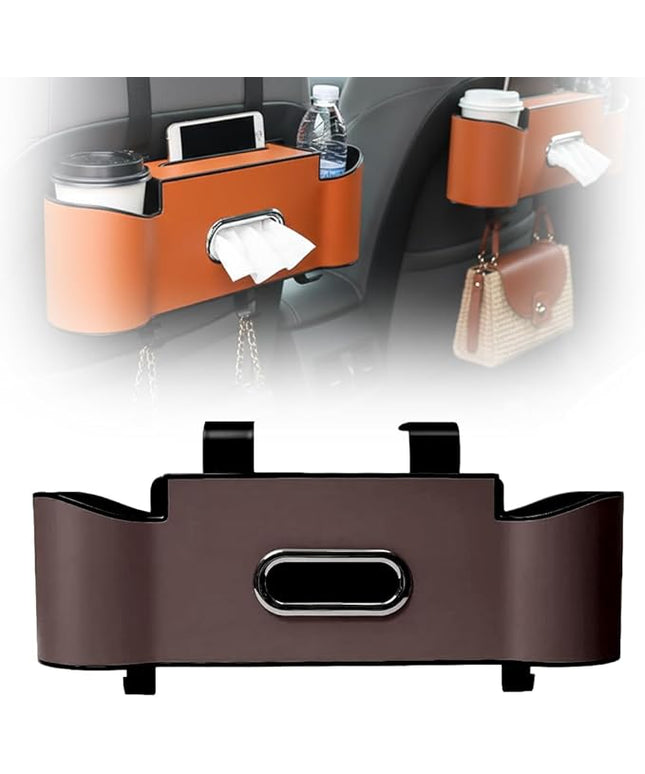 3-in-1 Car Backseat Organizer, 2026 New Multifunctional Back Seat Car Organizer with Cup Holder, Tissue Box, Trash Bin & Hooks for Hold Phones, Snacks, Drinks, Handbags (1, Brown)