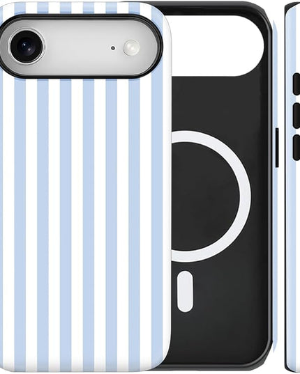 Magnetic for iPhone 17 Air Case Cute Stripes Phone Case, Shockproof Slim TPU and Hard PC Protective Phone Cover Compatible with MagSafe Designed for Women Girls, Blue and White