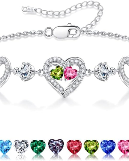 Iefil Valentines Day Gifts for Her - 925 Sterling Silver Heart Birthstone Bracelet Birthday Anniversary Jewelry Gifts for Her Wife