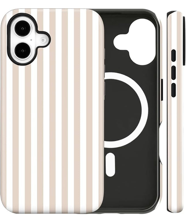 Magnetic for iPhone 16 Case Cute Stripes Phone Case, Shockproof Slim TPU and Hard PC Protective Phone Cover Compatible with MagSafe Designed for Women Girls, Apricot