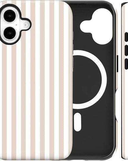 Magnetic for iPhone 16 Plus Case Cute Stripes Phone Case, Shockproof Slim TPU and Hard PC Protective Phone Cover Compatible with MagSafe Designed for Women Girls, Apricot