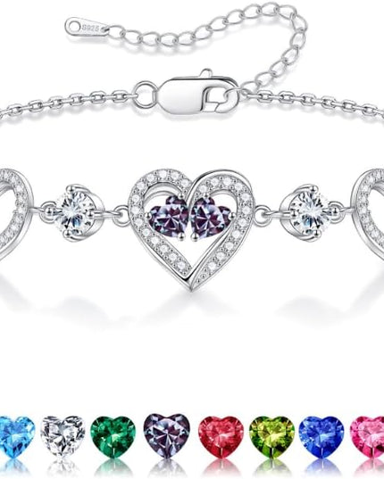 Iefil Valentines Day Gifts for Her - 925 Sterling Silver Heart Birthstone Bracelet Birthday Anniversary Jewelry Gifts for Her Wife