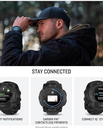 Wearable4U Garmin Instinct 3 Tactical Edition, AMOLED Display, 50mm, Rugged Outdoor GPS Smartwatch, Applied Ballistics Support, LED Flashlight, Multi-Band GPS, 10 ATM White Earbuds Bundle