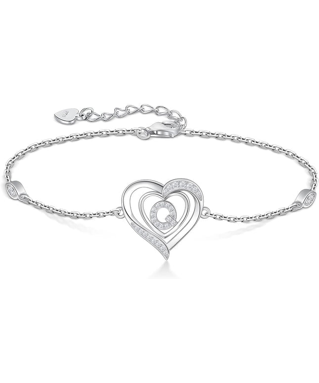 RIVIKO Heart Initial Bracelets for Women,925 Sterling Silver Letter Bracelets, Personalized Charm Alphabet Jewelry Valentines Christmas Mother’s Day Birthday Gifts for Women Friend Her Mom Wife Lady