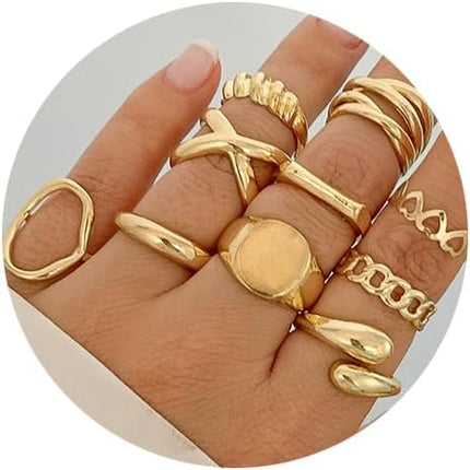 GiftInBox Gold Chunky Rings Set for Women Open Stacking Knuckle Ring Adjustable Round Dome Rings Set Minimalist Irregular Statement Women Ring Jewelry Gift