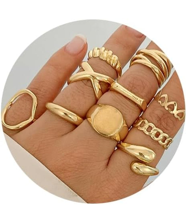 GiftInBox Gold Chunky Rings Set for Women Open Stacking Knuckle Ring Adjustable Round Dome Rings Set Minimalist Irregular Statement Women Ring Jewelry Gift