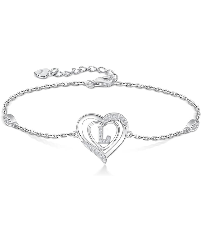 RIVIKO Heart Initial Bracelets for Women,925 Sterling Silver Letter Bracelets, Personalized Charm Alphabet Jewelry Valentines Christmas Mother’s Day Birthday Gifts for Women Friend Her Mom Wife Lady