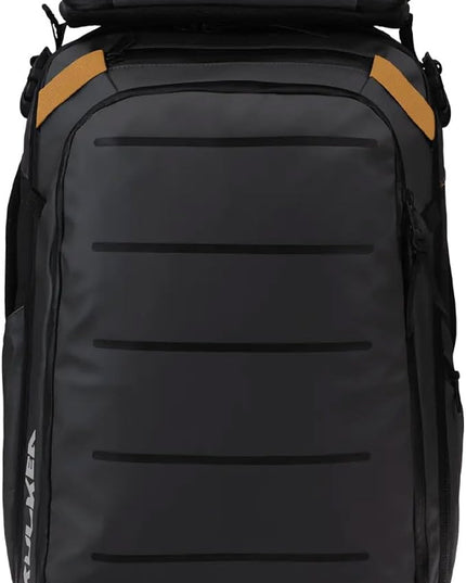 Käydä 44L Travel Backpack - Spacious Carry On Backpack with Detachable Travel Pouch, Magnetic Water Bottle Pocket, Passport and Laptop Pocket - Convertible Boot Bag for Snow Sports (Black/Gold)