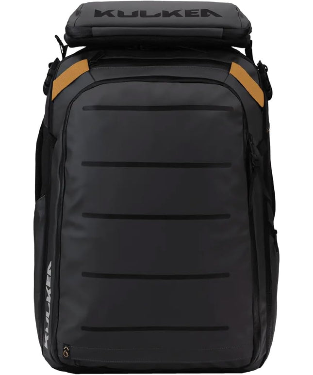 Käydä 44L Travel Backpack - Spacious Carry On Backpack with Detachable Travel Pouch, Magnetic Water Bottle Pocket, Passport and Laptop Pocket - Convertible Boot Bag for Snow Sports (Black/Gold)