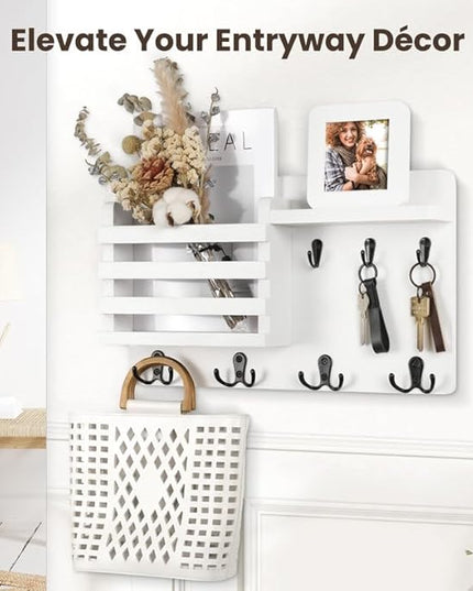 Nekon Mail Holder for Wall Mail Organizer with Key Hooks Hallway Farmhouse Decor Storage Racks with Floating Shelf and Flush Mount Hardware (16.8Inch x 10Inch x 3.2Inch)