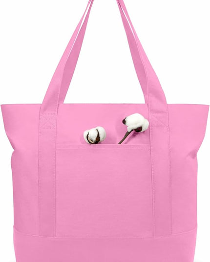 TOPDesign 6-Pack Canvas Tote Bags with an External Pocket, Reusable Grocery Shopping Bags, Top Zipper Closure, Daily Essentials (Pink)