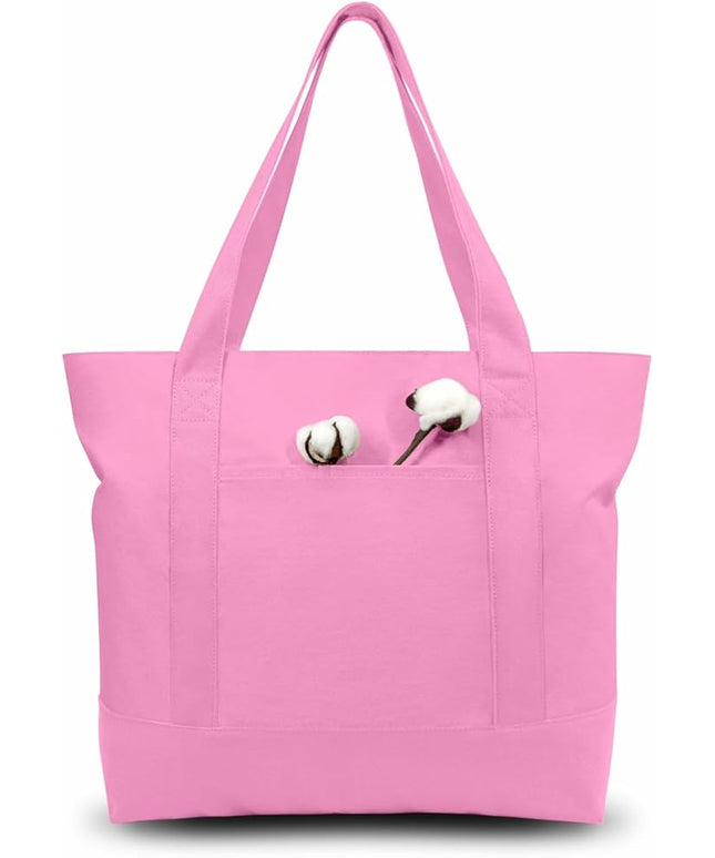 TOPDesign 6-Pack Canvas Tote Bags with an External Pocket, Reusable Grocery Shopping Bags, Top Zipper Closure, Daily Essentials (Pink)