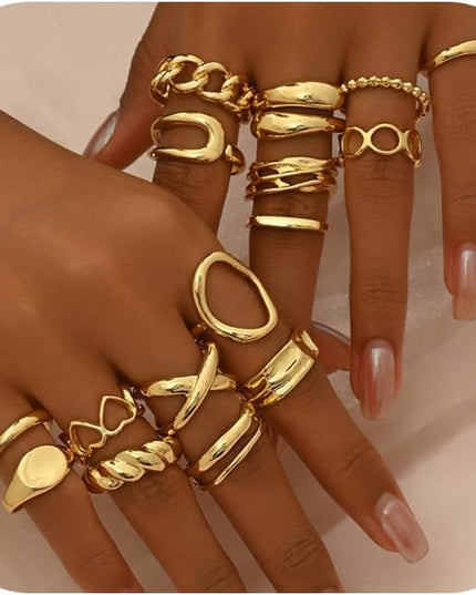 Chunky 14K Gold Plated Stackable Rings Set for Women,Vintage Knuckle Rings Dainty Hollow Carved Joint Finger Midi Rings Pack Adjustable Signet Mixed Size