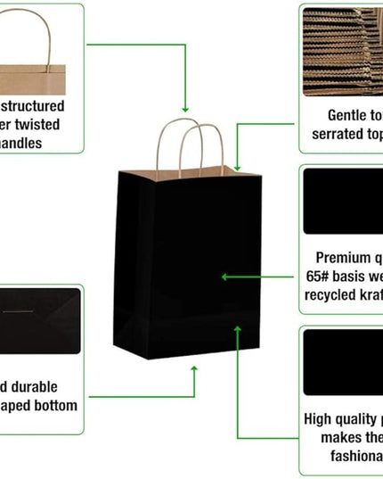 Qutuus Black Paper Gift Bags with Handles Bulk - 600 Pcs 8"x4.5"x10" Black Gift Bags, Kraft Bags for Retail, Shopping, Party, Goody, Business.
