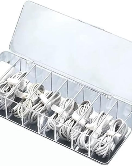 Clear Cable Management Box with Lid, 26x9x5.5cm, Desktop Cord Organizer with Compartments (1, 10.2 x 3.5 x 2.2)