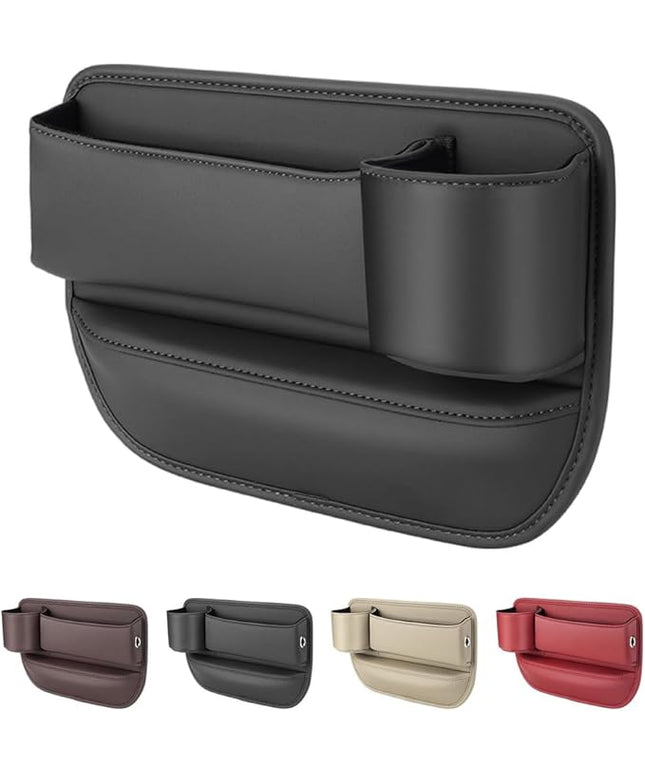 Car Leather Cup Holder Gap Bag,2025 Upgrade Car Storage Box with Cup Holder,Seat Storage Box Gap Filler Organizer for Glasses Phone Keys and Cards (Black, Passenger Seat)