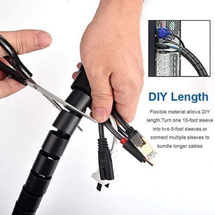 10FT Cable Management Sleeve EZ Cord Bundler 1" Diameter w/Zip Clip Zipper Wire Wrap Cord Organizer Cable Tube Hider Flexible & Expandable Home & Office Wire Concealer for PC TV Computer Cinema