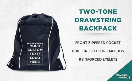 DISCOUNT PROMOS Two-Tone Drawstring Backpack Non-Woven Set of 1 - Customizable Text, Logo, Picture - Durable Sports Backpacks - Ideal for Sports, Travel, Gym & More - Black