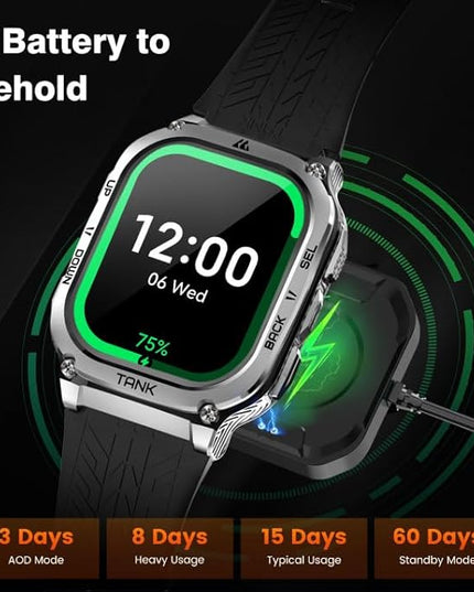 AMAZTIM Smart Watch, 60 Days Extra-Long Battery, 5ATM Waterproof Swimming Diving, Full Metal Military Grade, Answer/Make Call, 2" AMOLED Display, Health Monitor Compatible for iPhone and Android