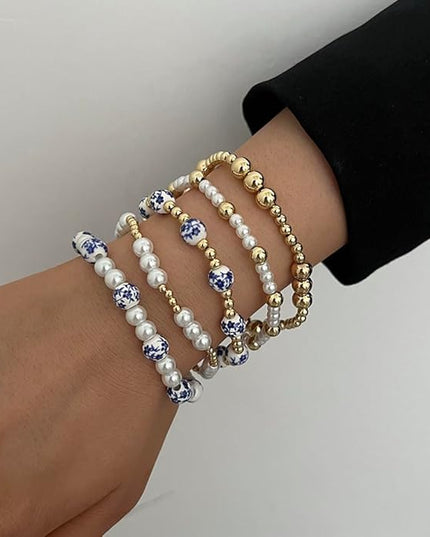 Gold Beaded Bracelets for Women, 14K Real Gold Plated Jewelry for Women Dainty Pearl Bead Bracelets Stack, Non Tarnish Trendy Stackable Ball Cross Stretch Bracelet Set Fashion Accessories Gifts